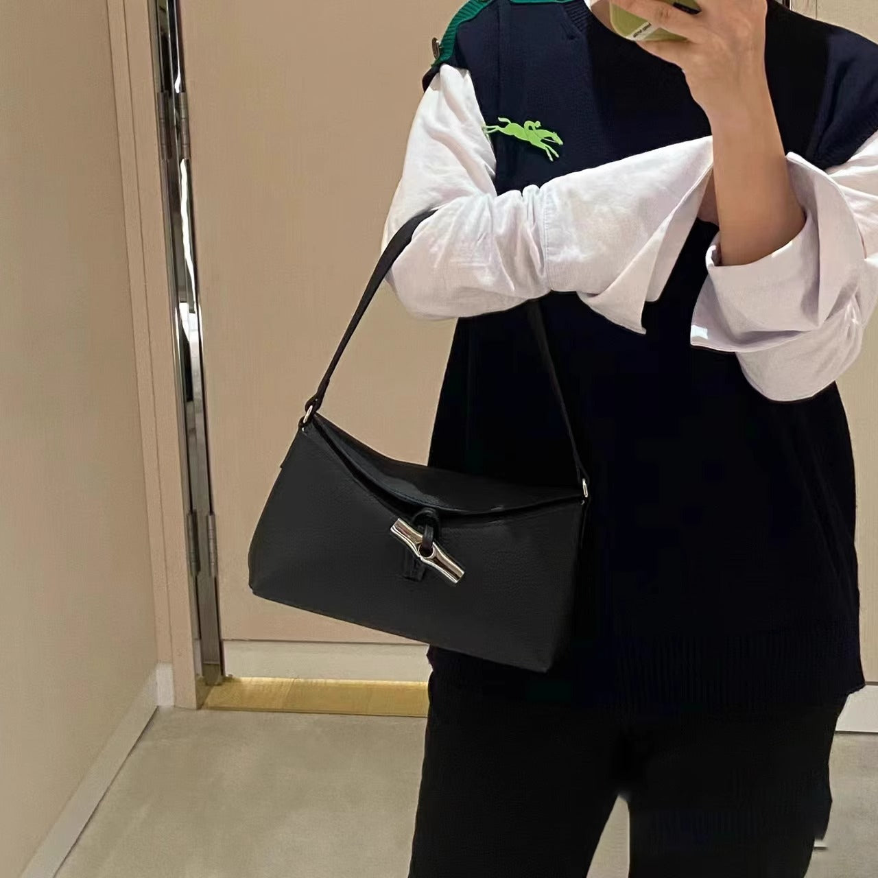 竹节腋下包竹节扣翻盖牛皮手提包时尚百搭hobo单肩包女 直播代发