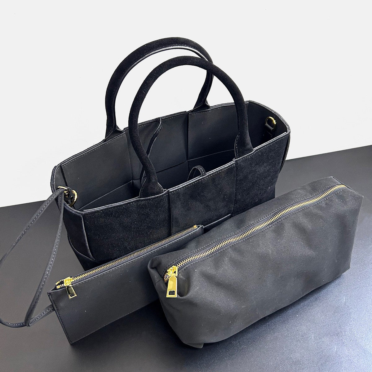 2024新款磨砂皮手工编织女款手提包大容量托特包购物袋单肩字母包