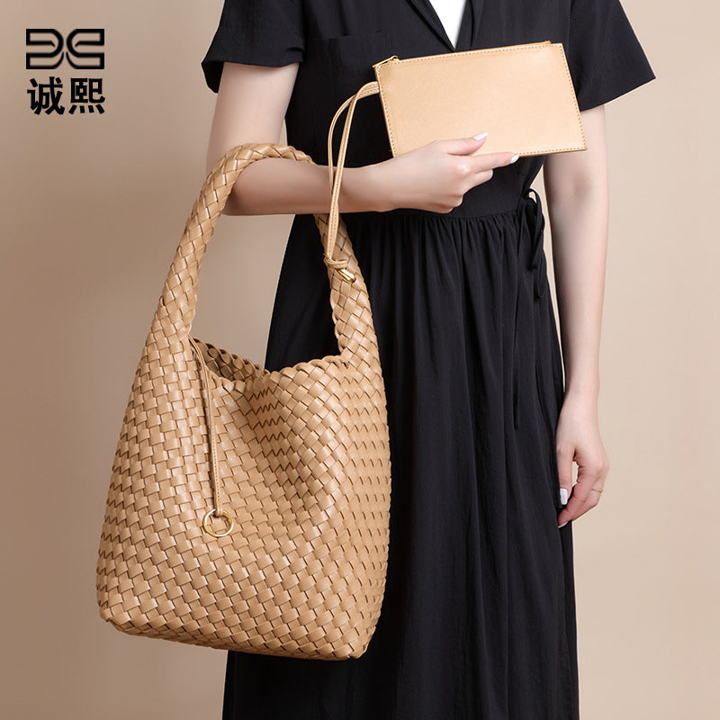 2025亚马逊新款手提编织女包大容量高级感托特包休闲百搭子母包包