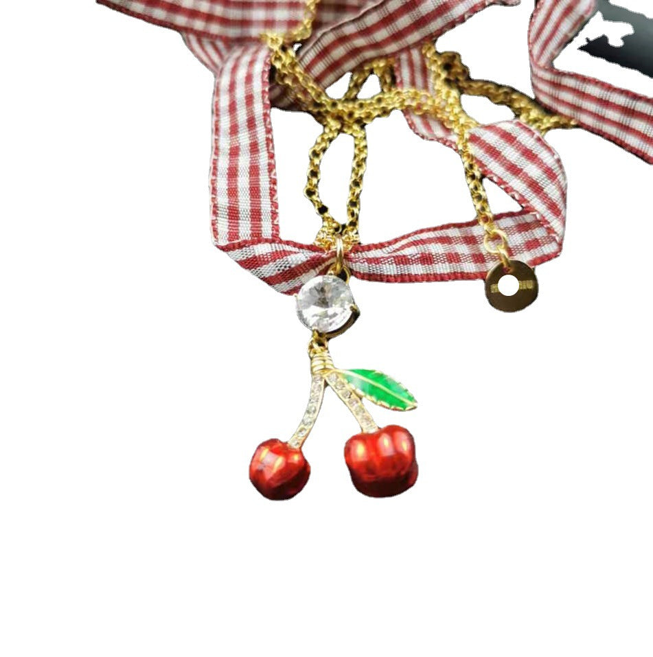 缪家新款项链女草莓樱桃格子丝带绑定可拆卸甜美可爱一款二戴颈链