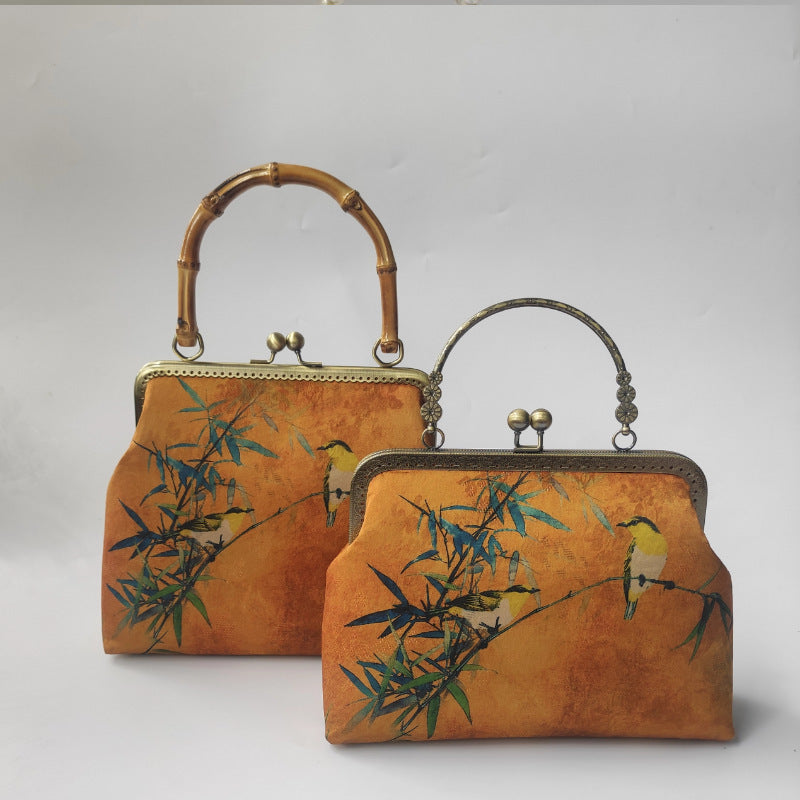 中国风复古刺绣手提包宴会旗袍汉服原木柄斜跨女包汉服刺绣绣花包