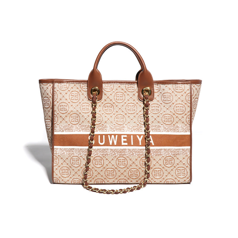 跨境女大容量手提包2023新款字母简约托特包复古棉麻休闲腋下包