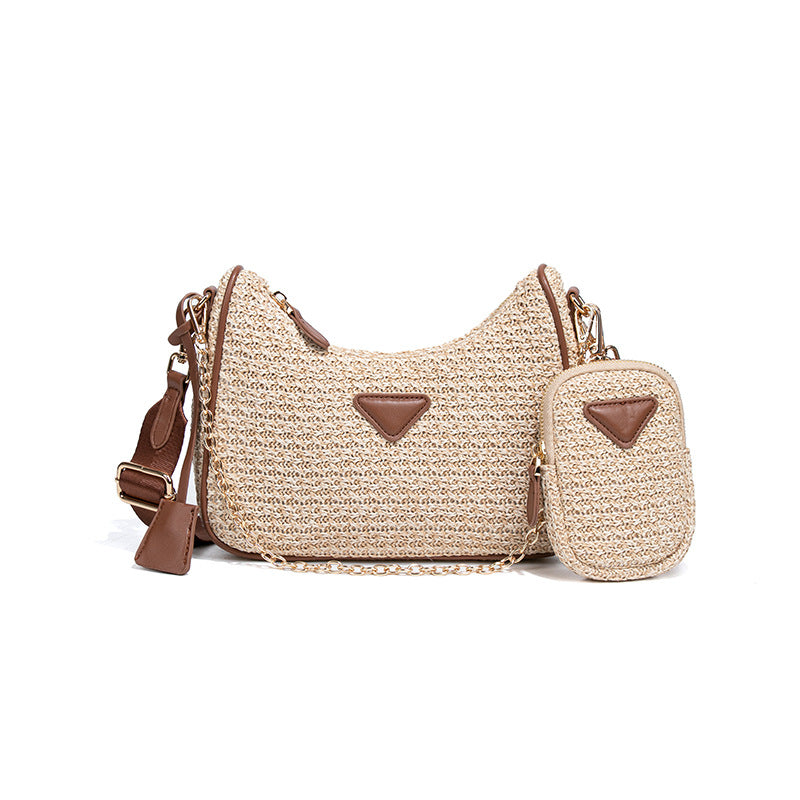 简约小清新斜挎沙滩包拉菲草两件套单肩腋下包时尚小众草编月牙包