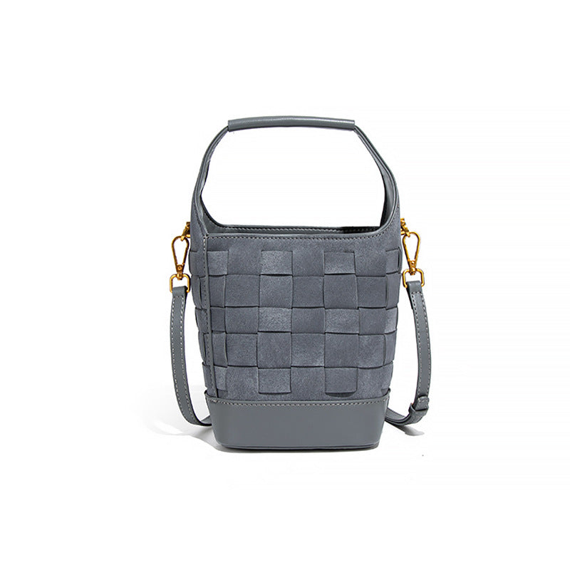 复古小众手工编织包磨砂麂皮绒手拎水桶包拼色子母包单肩斜挎女包