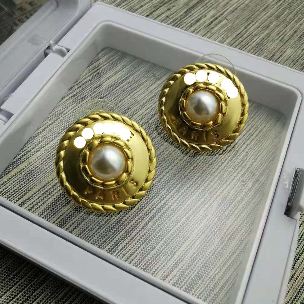 赛家新款麻花圈珍珠字母耳环中古vintage耳钉复古时尚