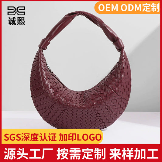 软面定制高级感手工编织包包女时尚单肩月牙包跨境纯色手拎新月包