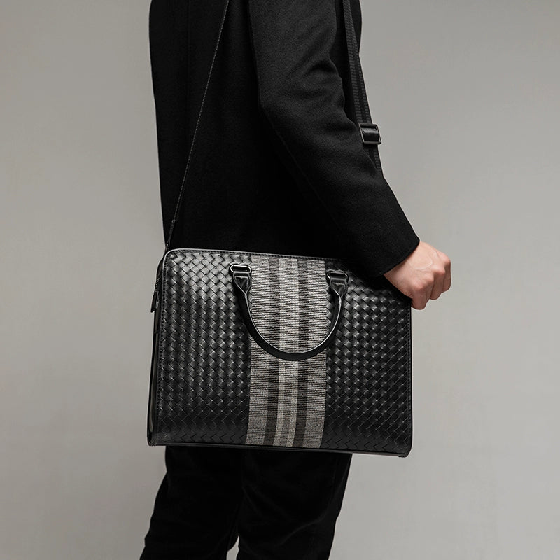 X&BV男士公文包商务手提包真皮编织男包单肩斜挎包牛皮电脑手拎包