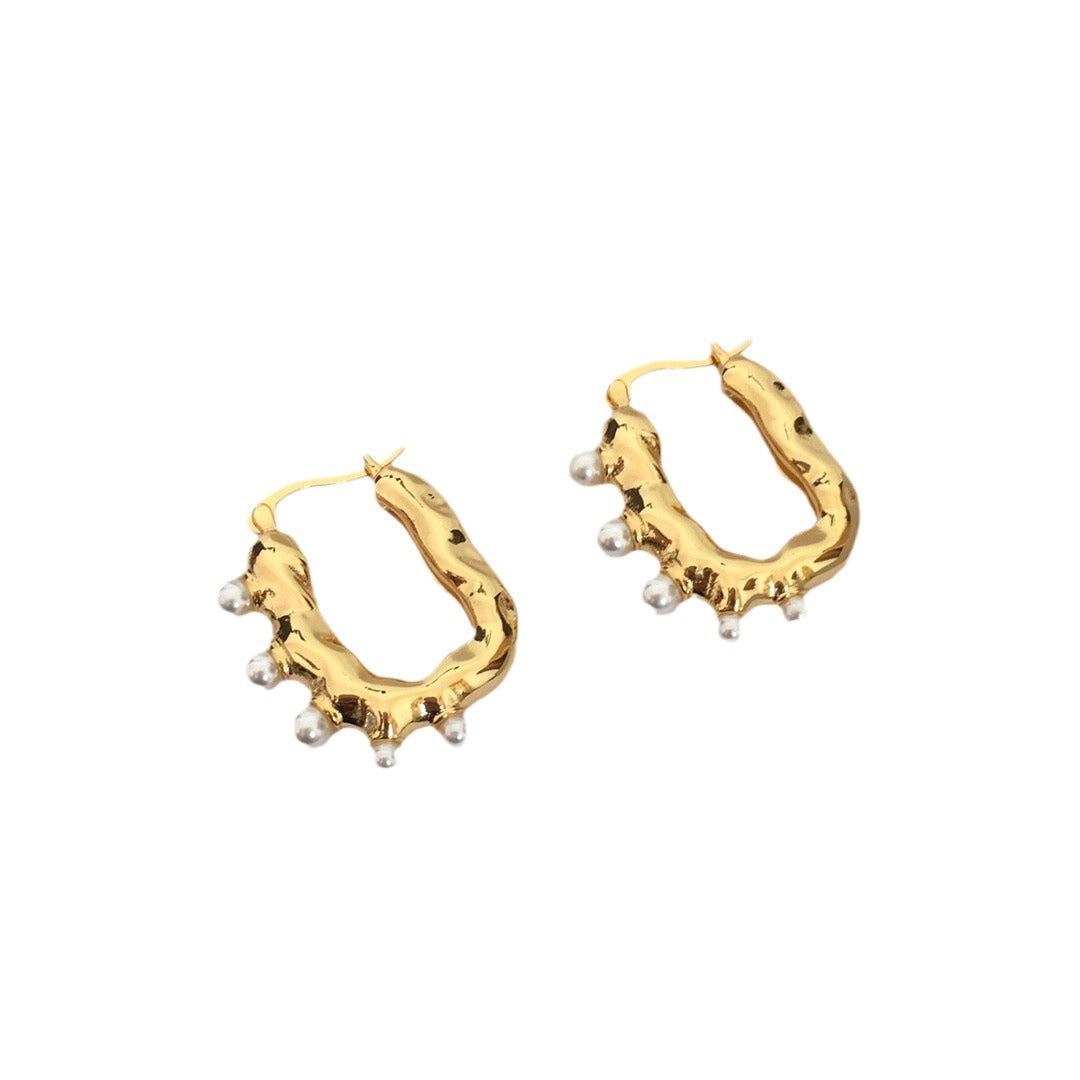 赛林家新款U形珍珠耳环女高级感个性气质黄铜镀金港风CEL风耳扣