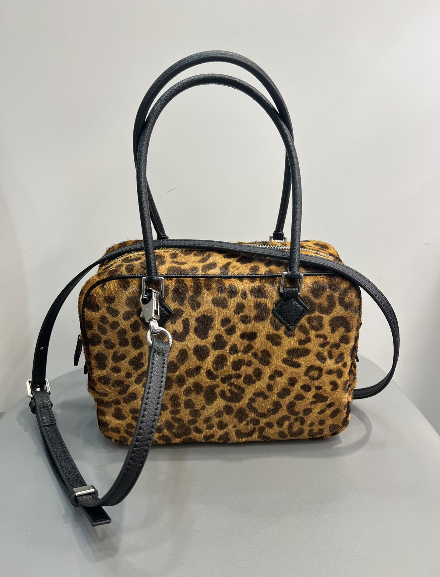 马毛豹纹手提包2024秋冬新款大容量锁扣单肩包通勤真皮牛皮斜挎包