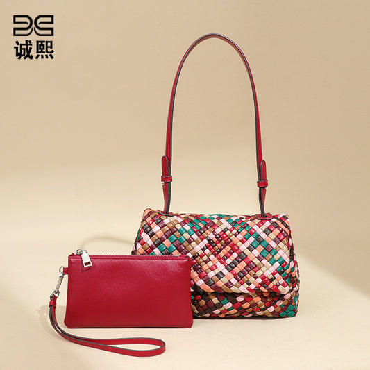 欧美新款彩色手工编织女包个性潮流单肩腋下包小众百搭子母斜跨包