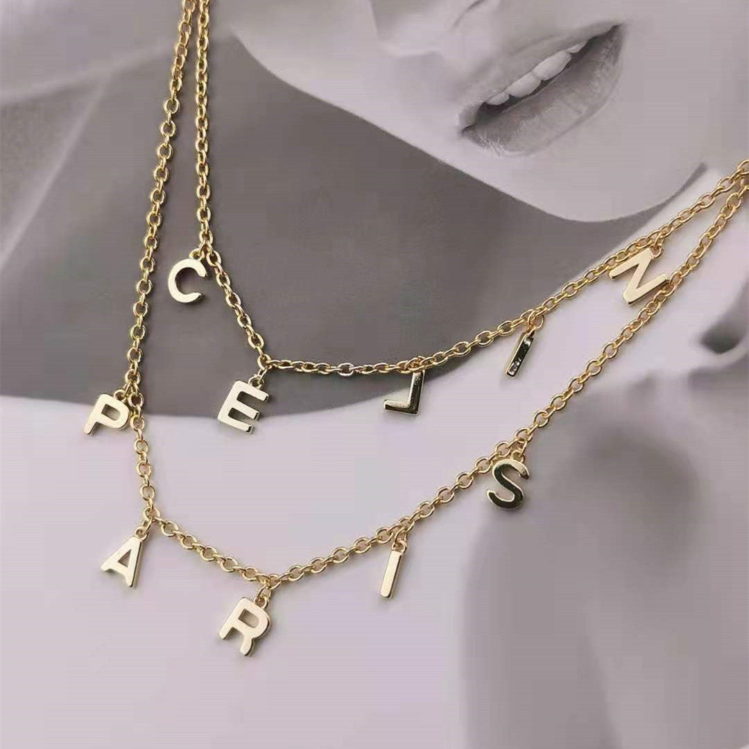 赛家新款celi字母双层项链女高级感时尚气质ins风字母流苏锁骨链