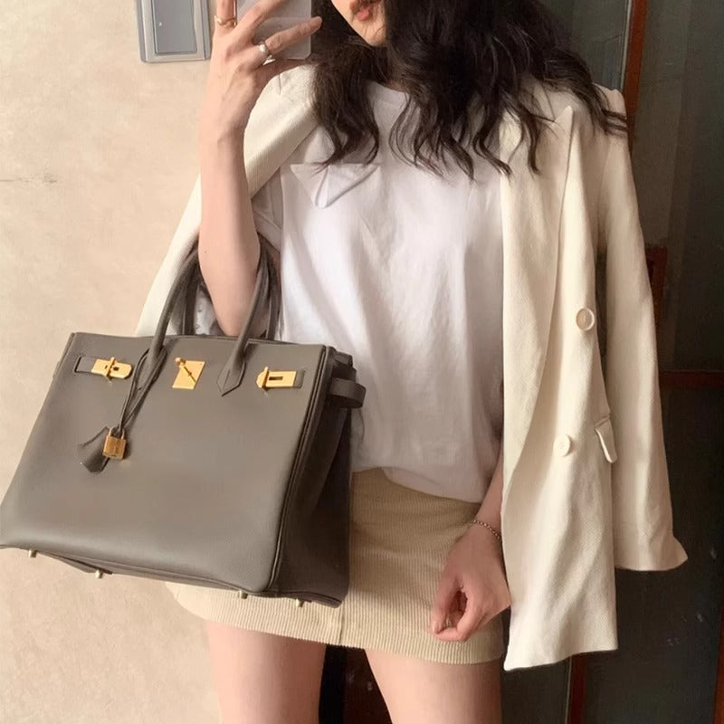 欧美外贸款头层牛皮荔枝纹铂金包真皮女包手提包单肩斜挎凯莉大包