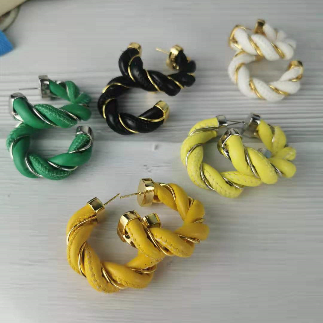 BV家新款耳环女麻花C型金属INS夸张大气耳饰女欧美气质风皮革耳钉