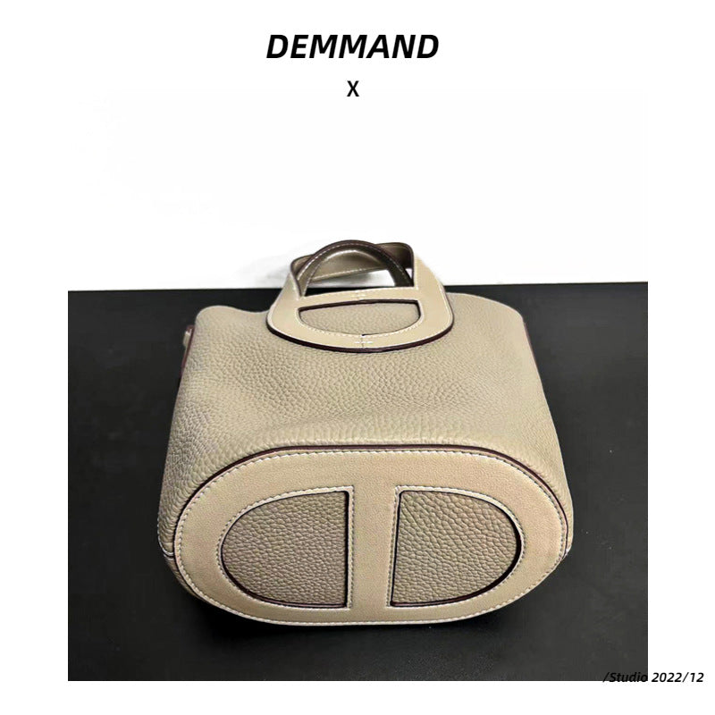 头层牛皮猪鼻子菜篮子包女手提水桶包大容量真皮单肩斜挎包轻奢