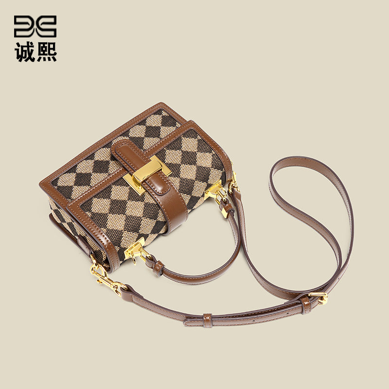 洋气复古月光宝盒手提包菱格豹纹质感棉麻单肩女包休闲潮流斜挎包