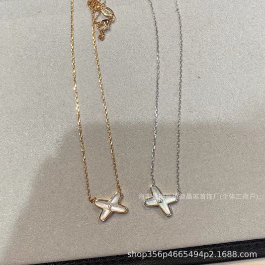 v金高版本尚美交叉项链不掉色女天然白贝母吊坠镀18k玫瑰金锁骨链