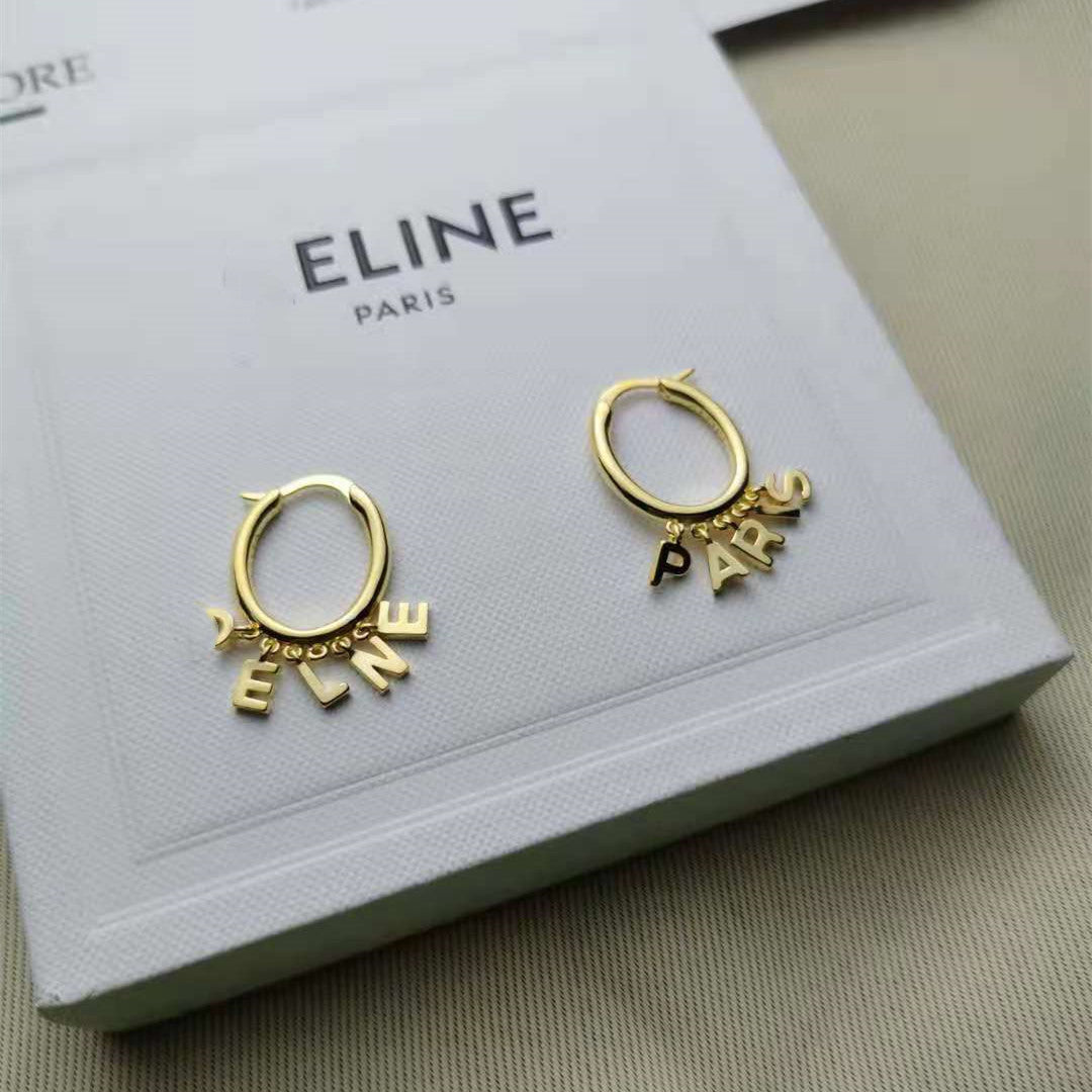 赛家2021新款logo字母耳环女高级感气质耳圈Celin风金色流苏耳扣