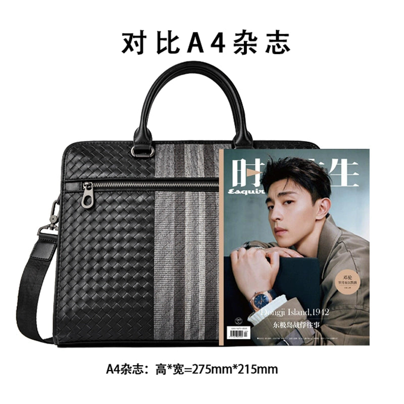 X&BV男士公文包商务手提包真皮编织男包单肩斜挎包牛皮电脑手拎包