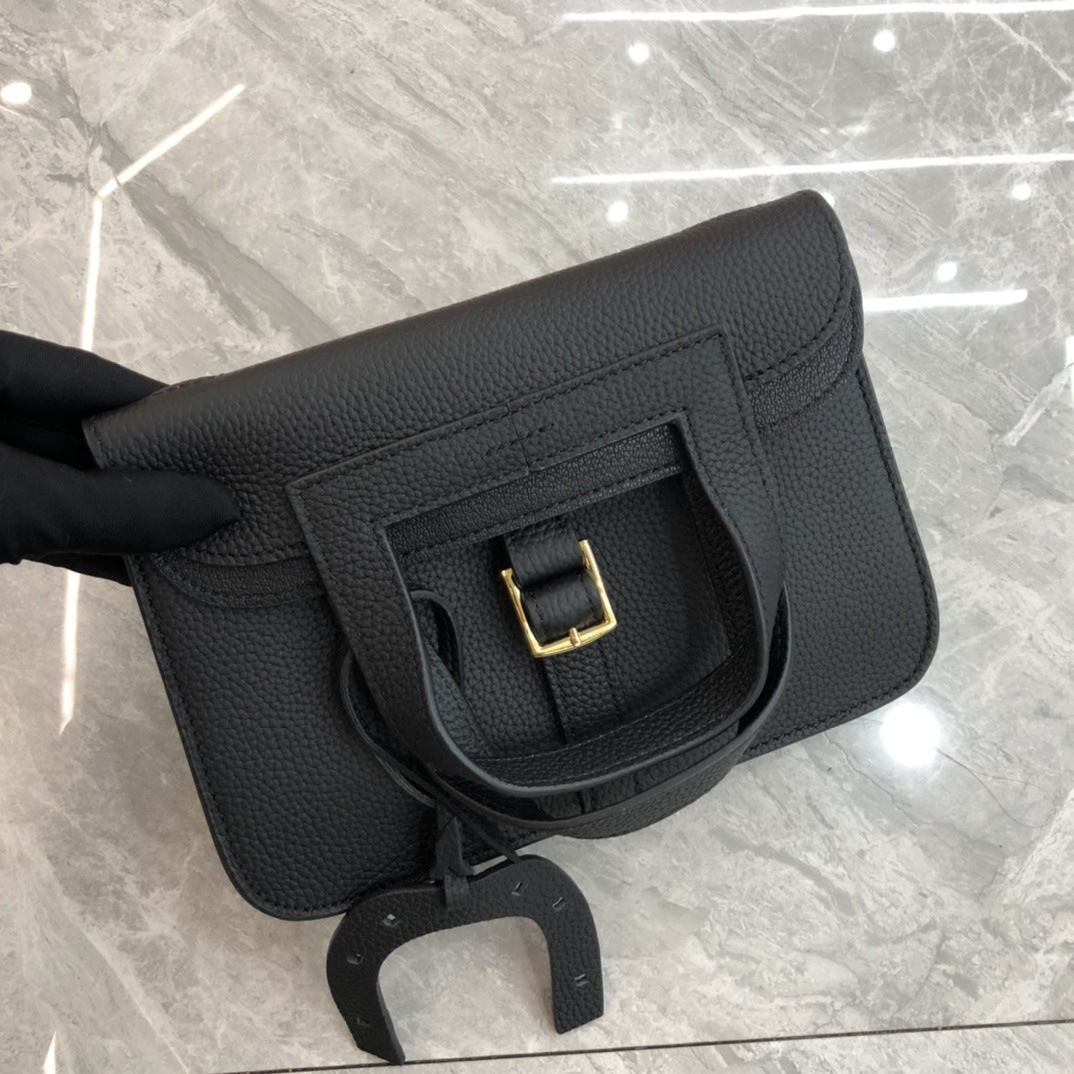 2024新马蹄包时尚单肩斜跨手提荔枝纹头层牛皮休闲真皮女包哈赞包