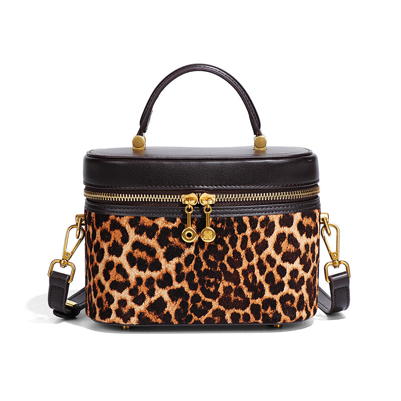 复古真皮马毛手拎化妆盒子包时尚豹纹新款单肩包小众百搭斜挎女包