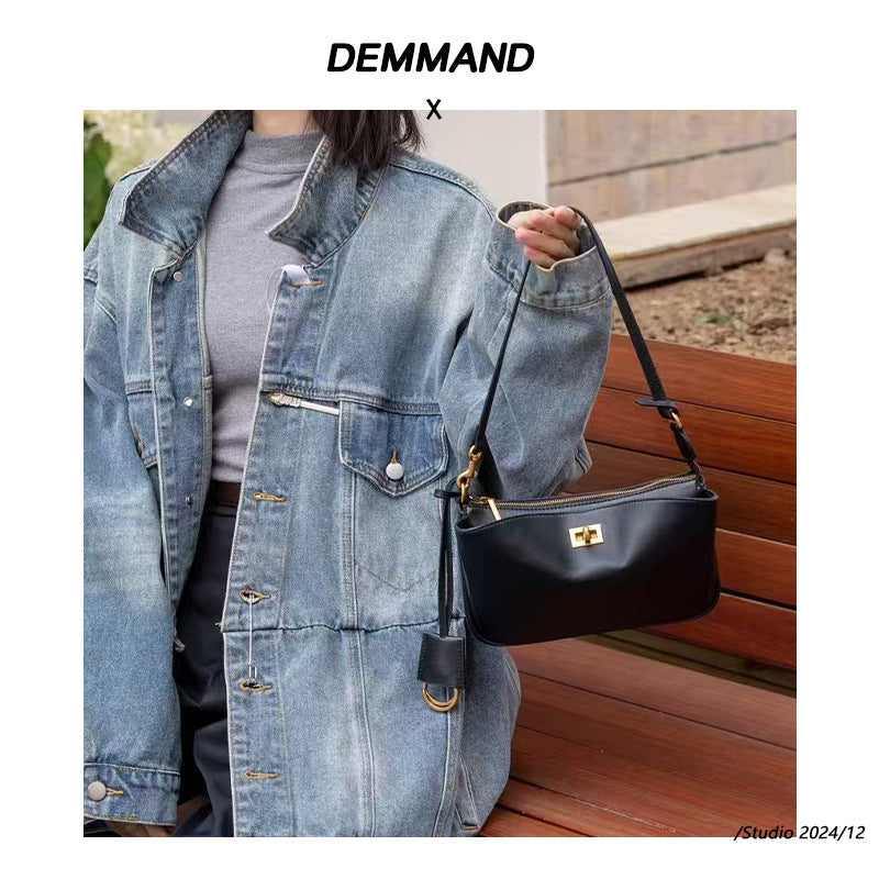 头层牛皮真皮女包腋下包锁扣小方包机车手提包法棍包单肩包斜挎包