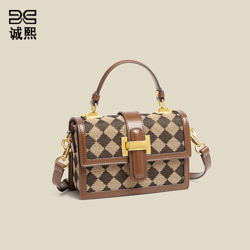 洋气复古月光宝盒手提包菱格豹纹质感棉麻单肩女包休闲潮流斜挎包