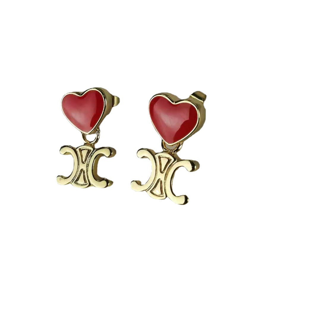 赛家新款红色心形爱心凯旋门耳钉耳环造型时尚百搭减龄时髦精耳饰