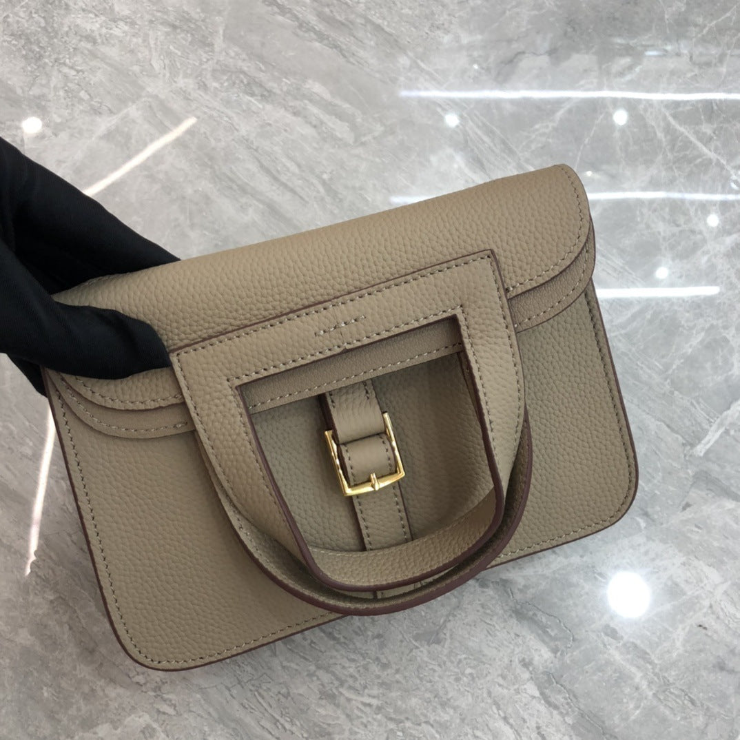 2024新马蹄包时尚单肩斜跨手提荔枝纹头层牛皮休闲真皮女包哈赞包