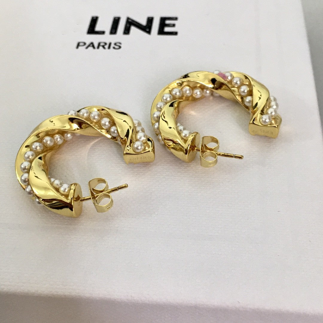 赛林新款珍珠C形耳环扭扭法式耳圈港风气质高级感耳饰不规则耳钉