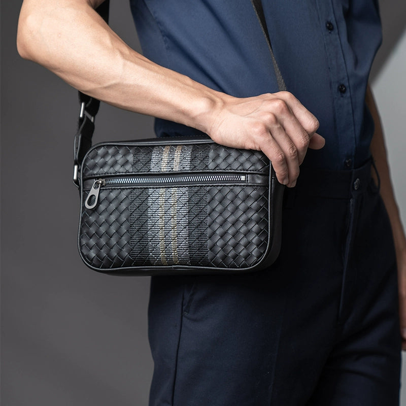 x&bv单肩包男真皮斜挎包休闲横款小背包多功能编织男包手拿包手包