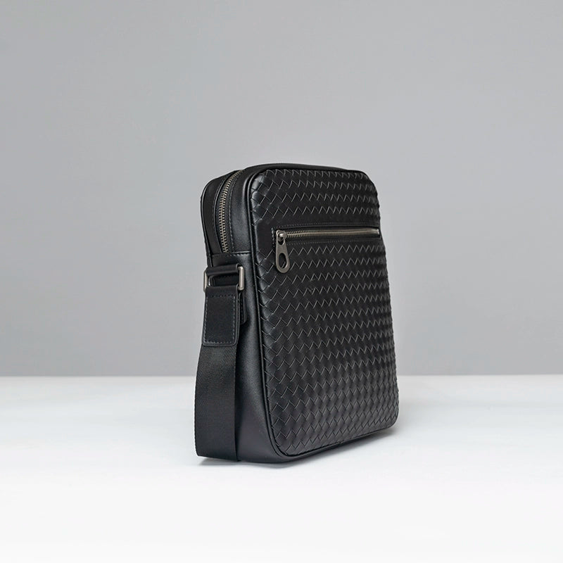 X&BV单肩包男真皮休闲时尚潮男小背包商务黑色编织平板男包斜挎包