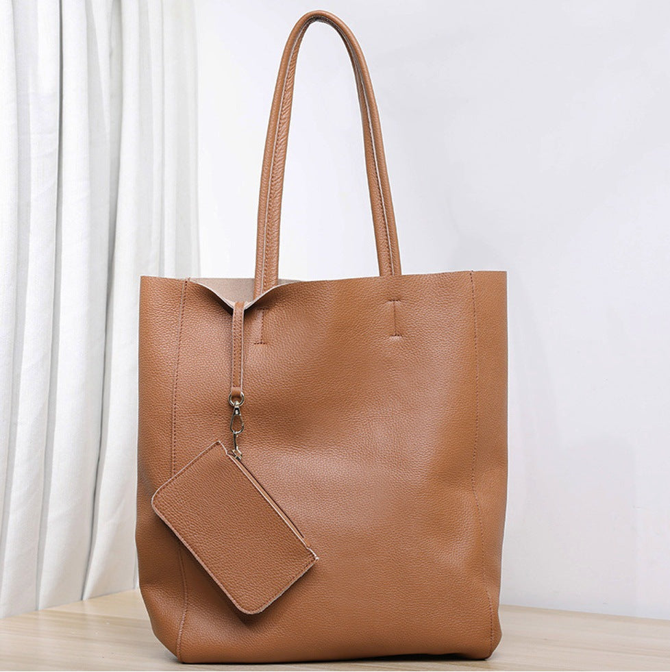 韩版大容量通勤包妈咪购物包牛皮简约真皮托特包单肩斜跨笔记本包