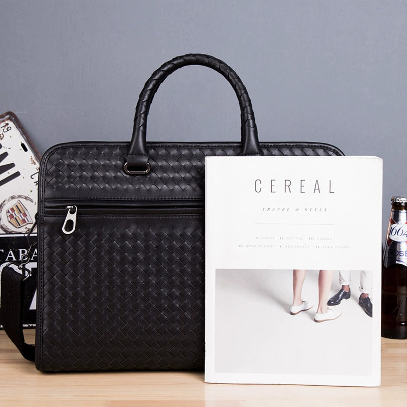 公文包男商务真皮大容量横款头层牛皮编织男包单肩斜挎男士手提包