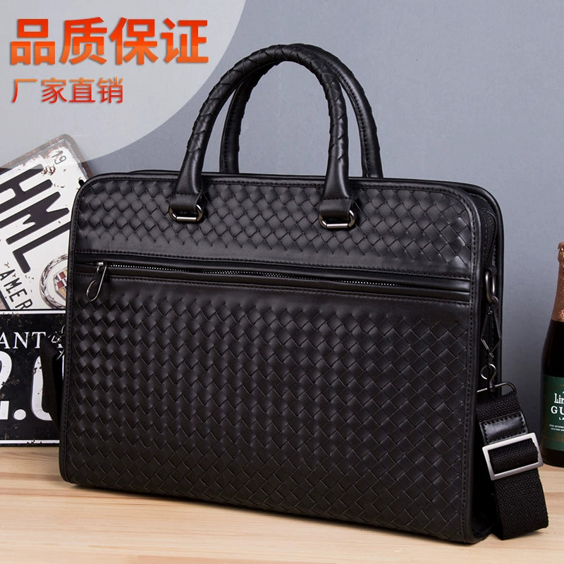 公文包男商务真皮大容量横款头层牛皮编织男包单肩斜挎男士手提包