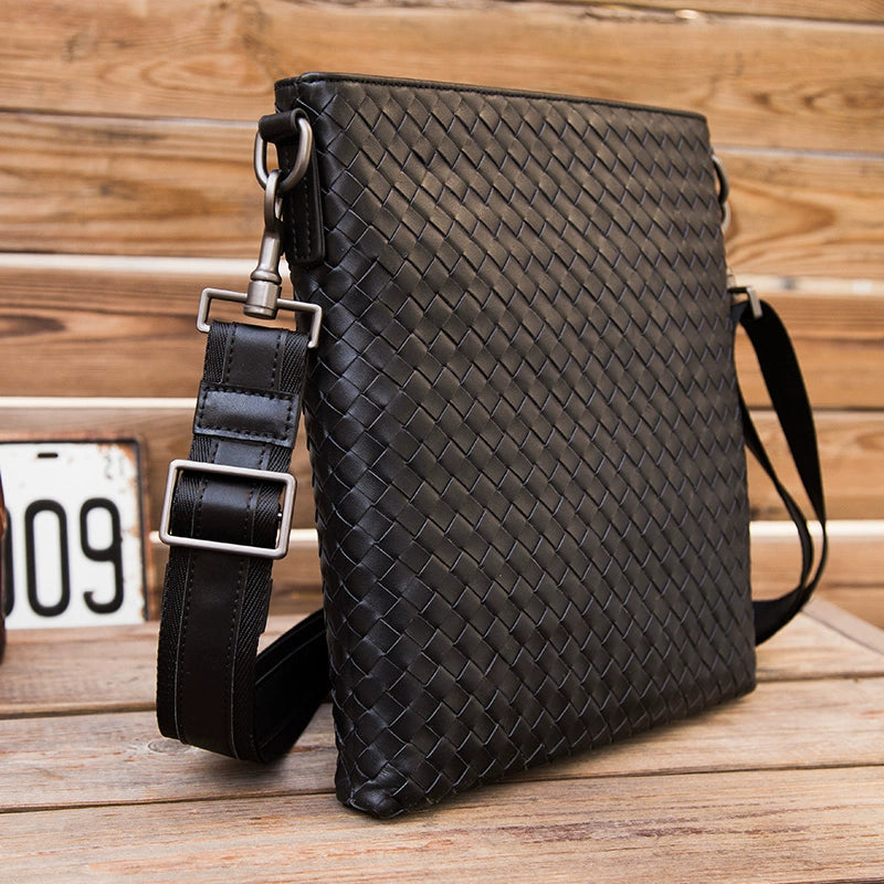 单肩包男真皮竖款商务编织男包牛皮包时尚休闲小背包潮男士斜挎包