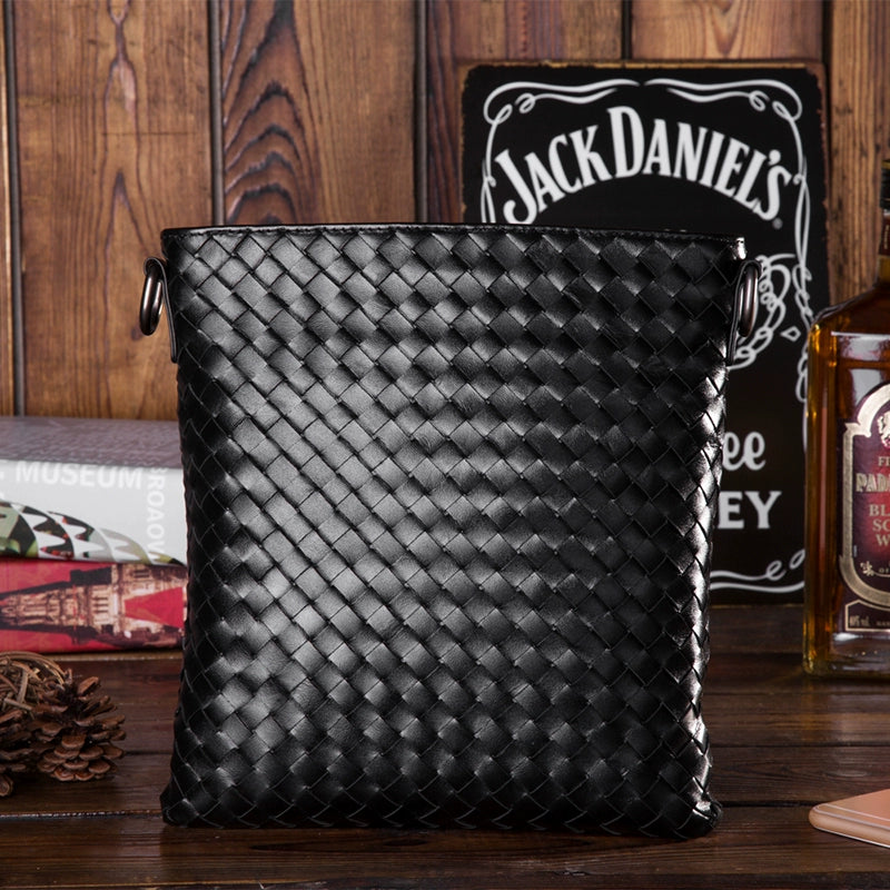 新款男士真皮单肩包休闲包头层牛皮斜挎包包男竖款商务编织男包潮