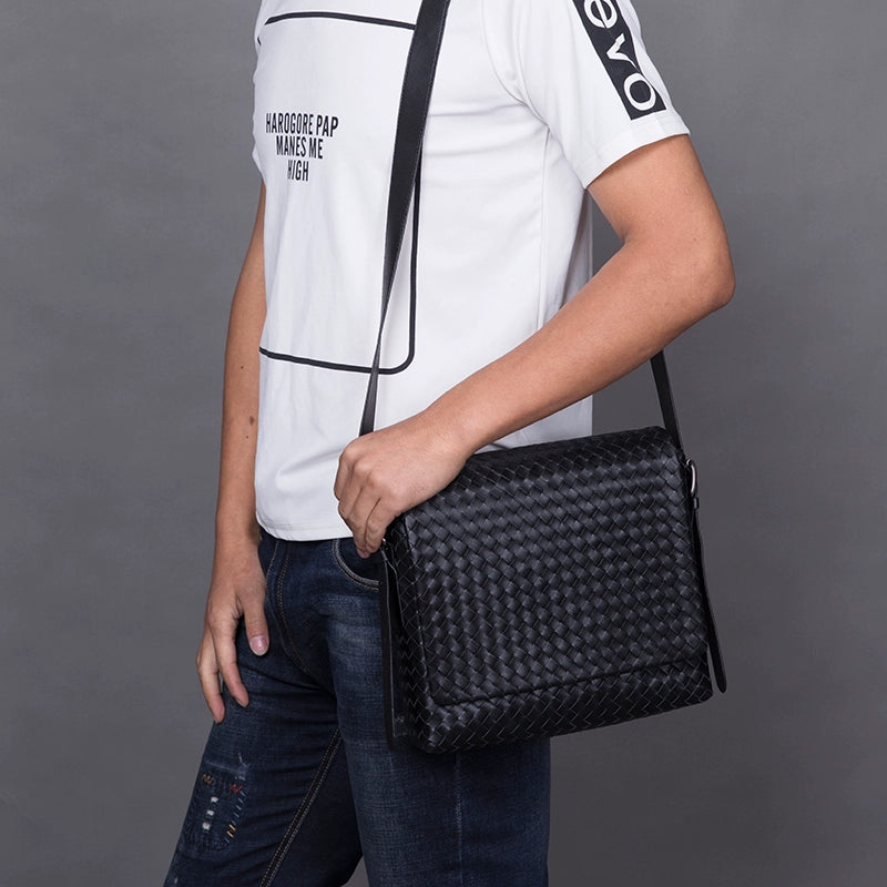 男士单肩包真皮斜挎包男头层牛皮编织男包欧美时尚休闲青年小挎包