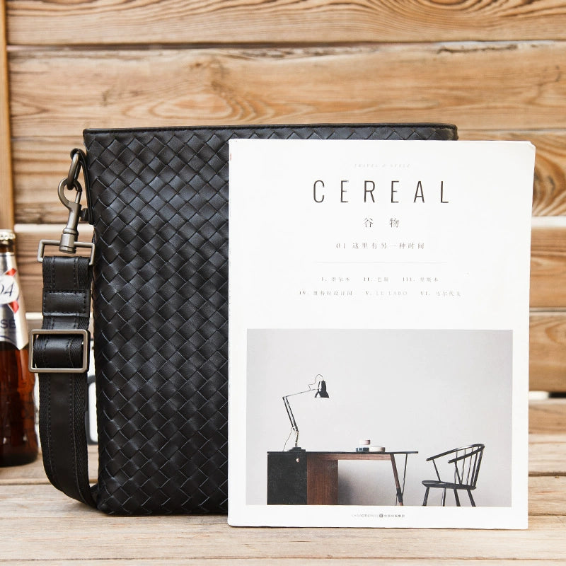 单肩包男真皮竖款商务编织男包牛皮包时尚休闲小背包潮男士斜挎包