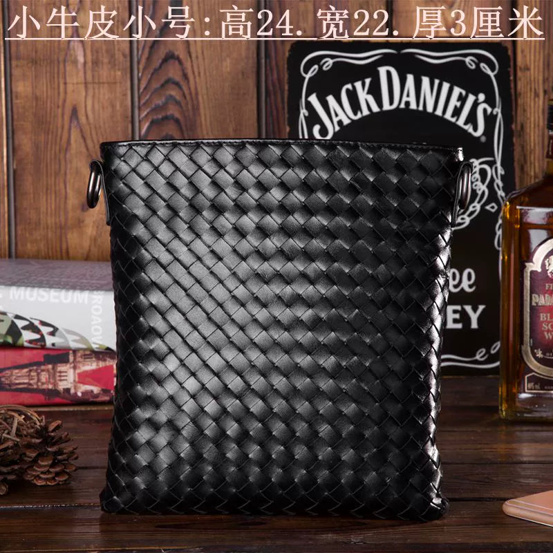 新款男士真皮单肩包休闲包头层牛皮斜挎包包男竖款商务编织男包潮