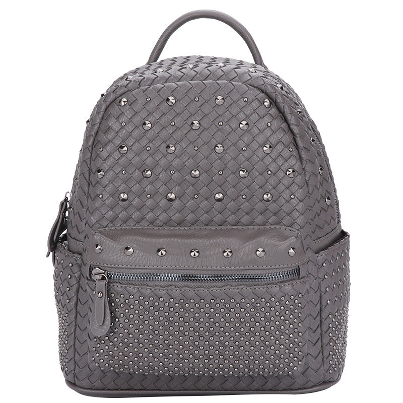 双肩包包女2025新款潮单肩斜挎两用女包时尚编织铆钉背包一件代发