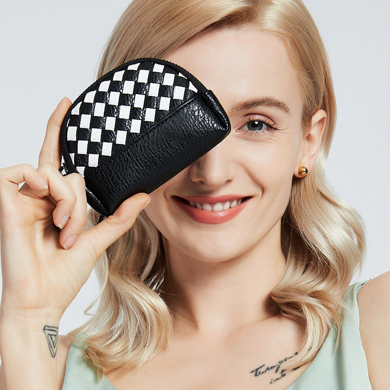 2025新款女包手工编织女钱包简约零钱包钱夹PU皮革小拉链化妆包包