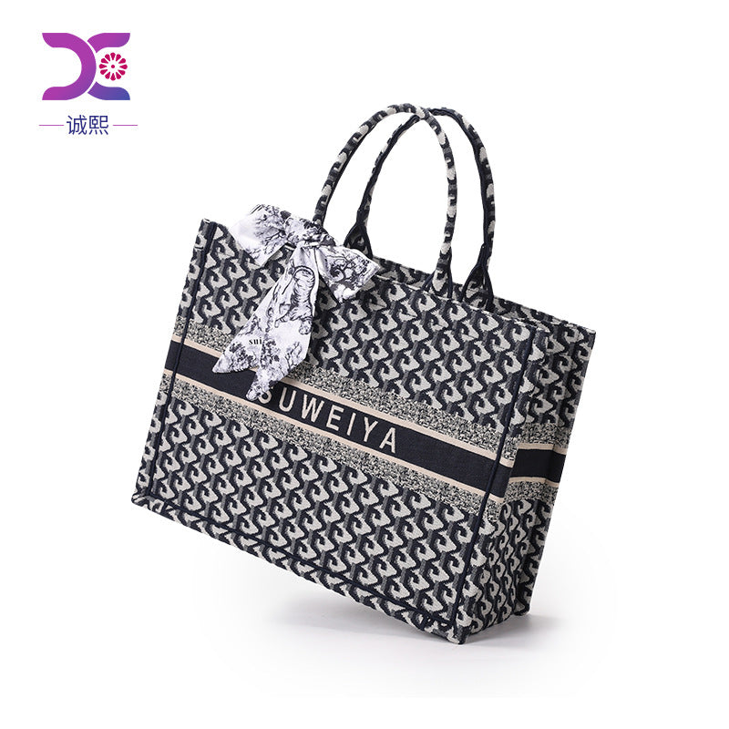 厂家定制棉麻刺绣针织托特包高级感大容量通勤手提包休闲风文件包