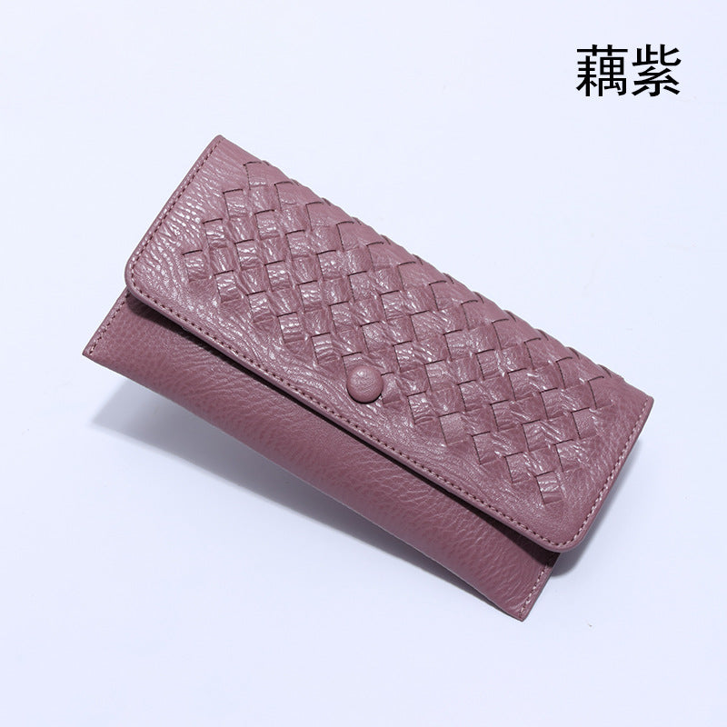 2025新款韩版长款纯色简约钱包零钱包手工编织女士手拿包一件代发