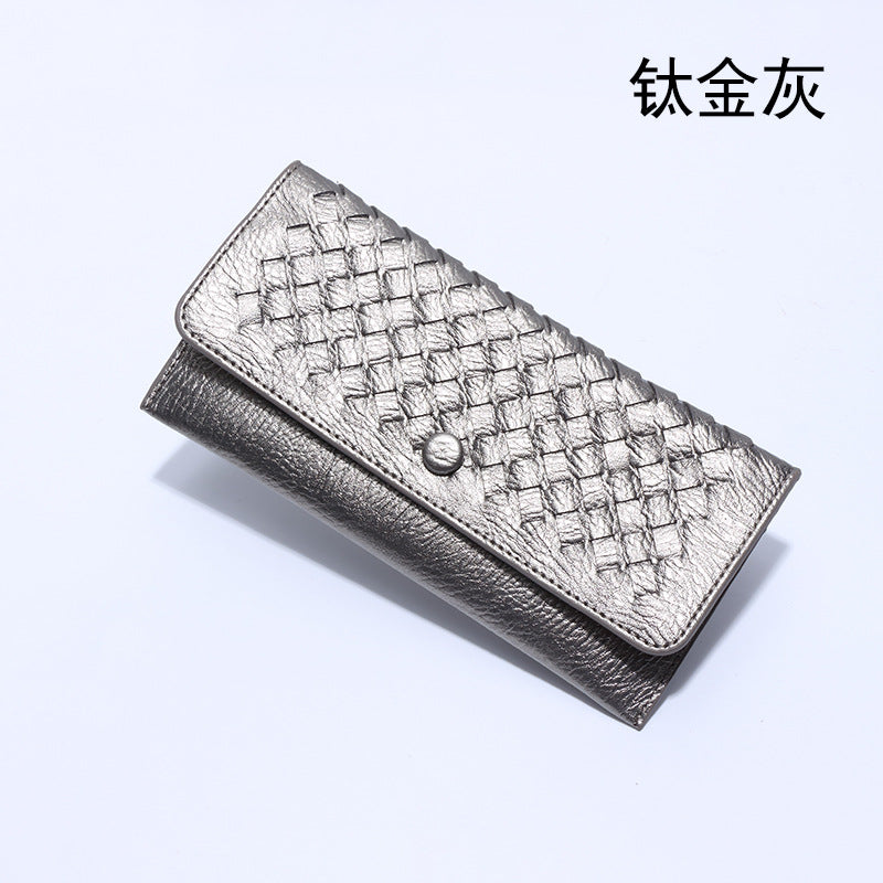 2025新款韩版长款纯色简约钱包零钱包手工编织女士手拿包一件代发