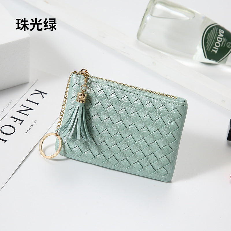 包包2025新款简约韩版女包拉链手拿包流苏迷你编织零钱包钥匙卡包