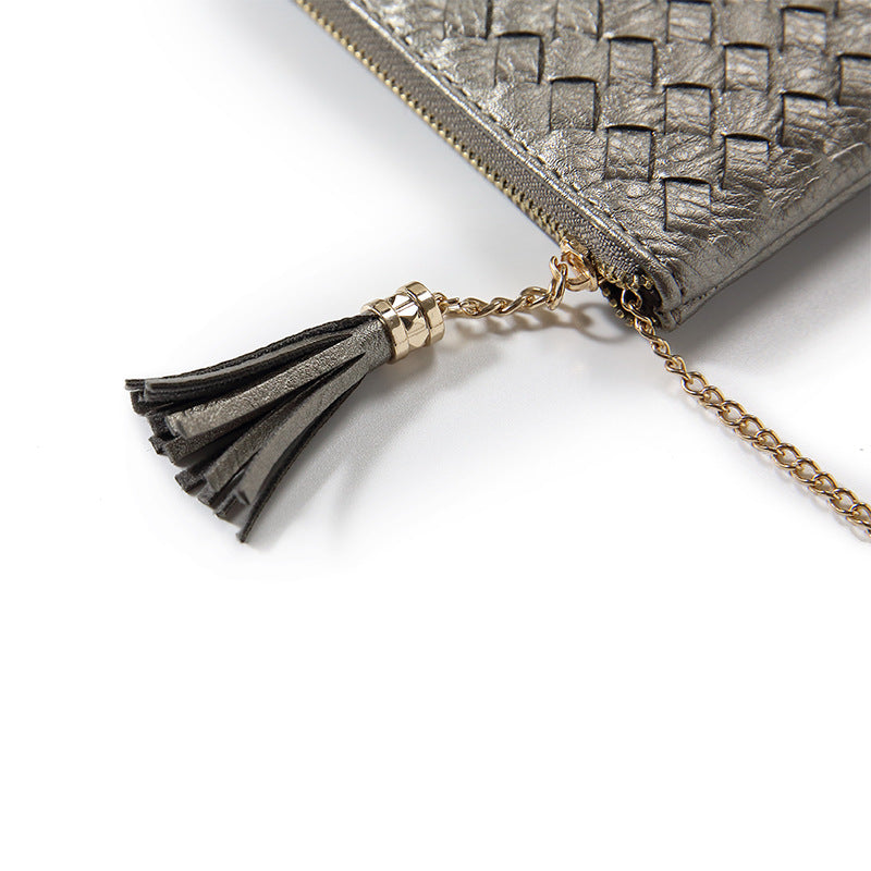 包包2025新款简约韩版女包拉链手拿包流苏迷你编织零钱包钥匙卡包