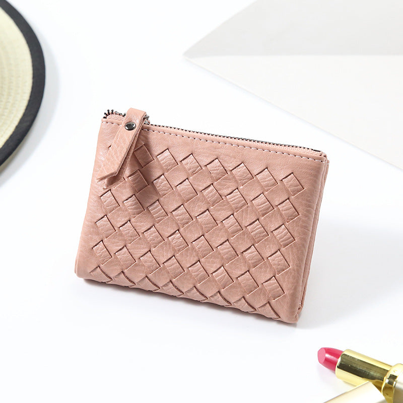 2024新款韩版时尚超薄双拉链搭两折编织女士短款钱包皮夹包