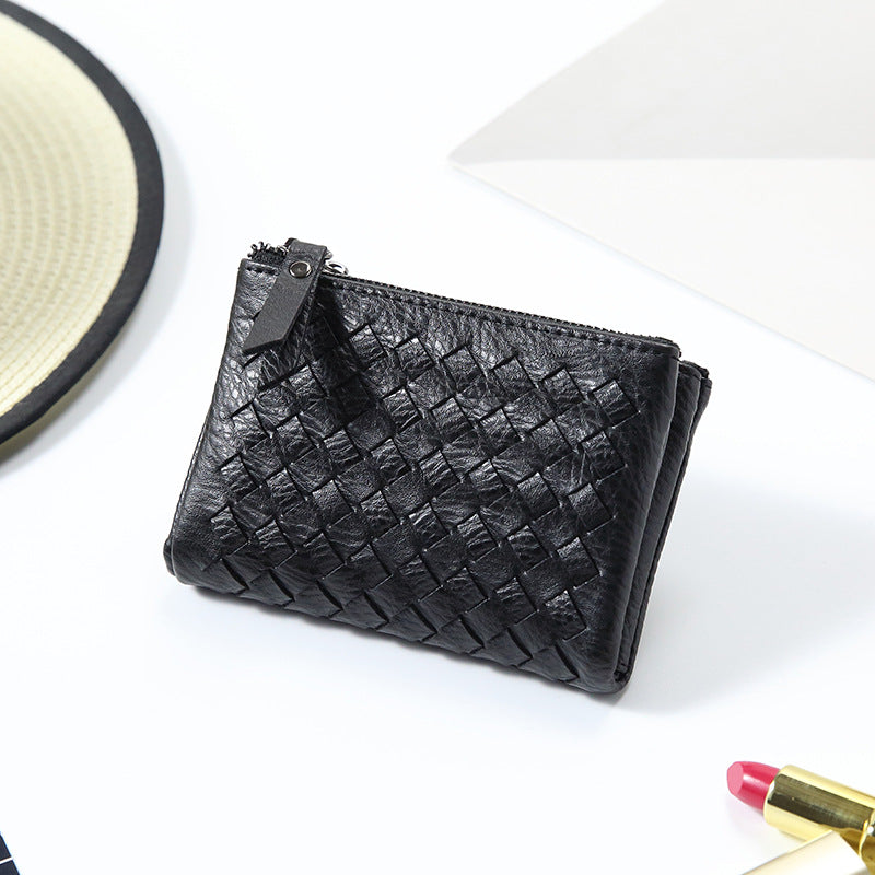 2024新款韩版时尚超薄双拉链搭两折编织女士短款钱包皮夹包