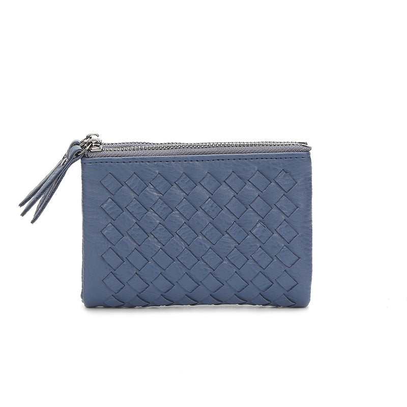 2024新款韩版时尚超薄双拉链搭两折编织女士短款钱包皮夹包