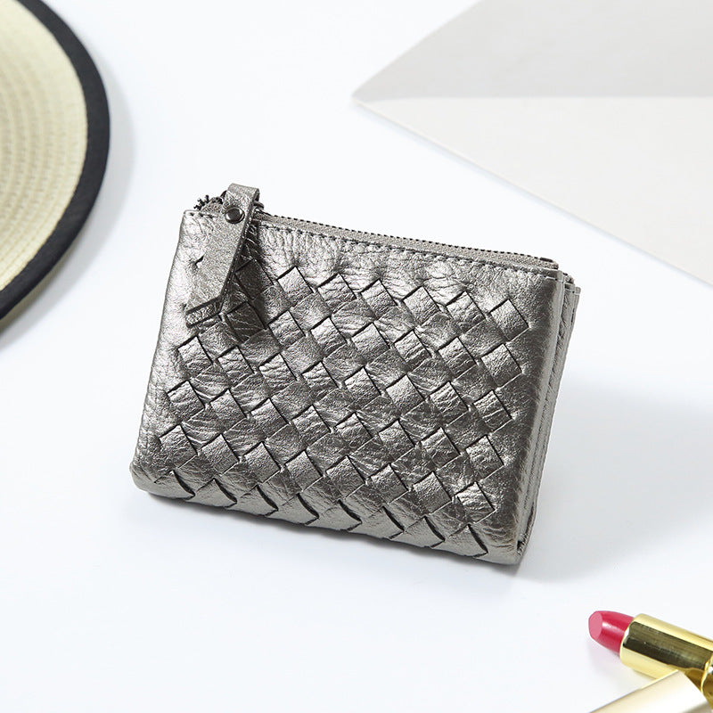 2024新款韩版时尚超薄双拉链搭两折编织女士短款钱包皮夹包